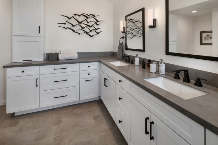 Modern bathroom with double vanity and bird wall art