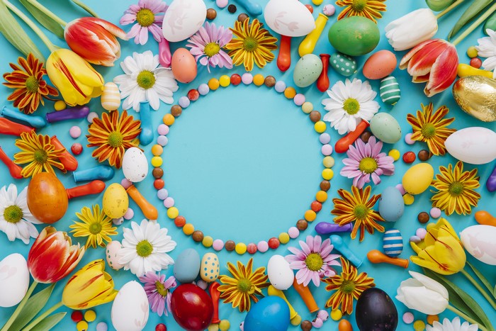 Easter Tulips Chrysanthemums Candy Eggs 4K