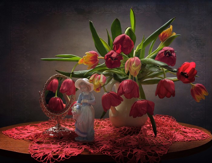 Still-life with tulips, sculpture, and mirror