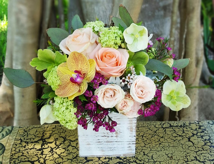 Orchid and Roses Flower Arrangement in Wooden Box