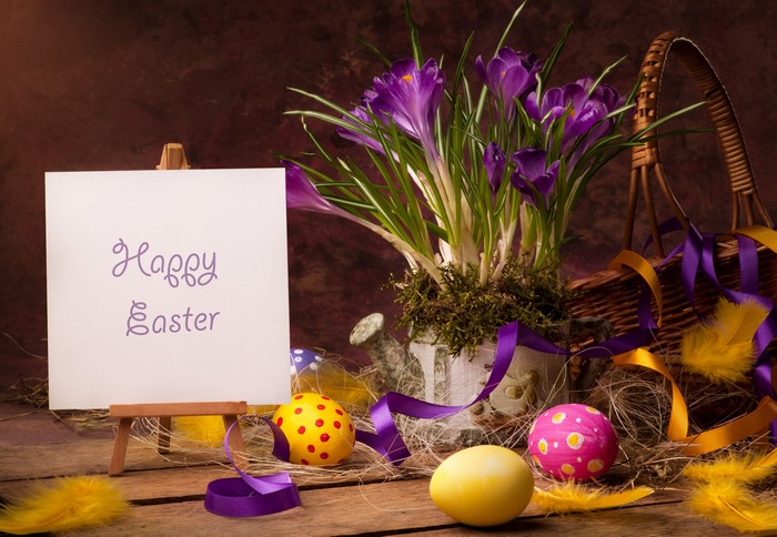 Easter still life with crocus flowers and decorated eggs