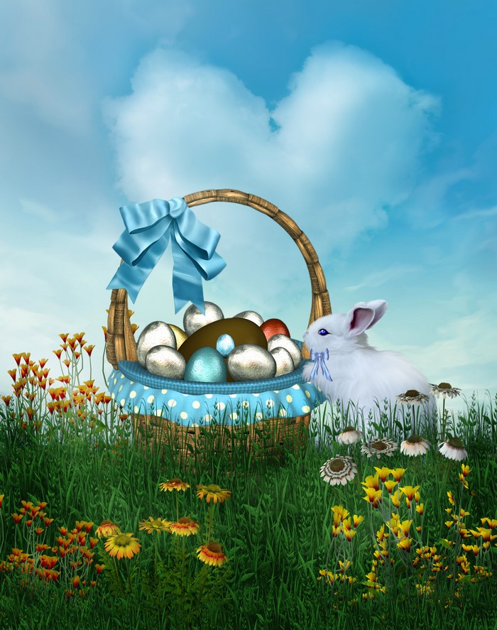 Easter bunny with basket of eggs in a field