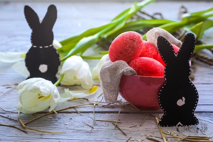 Easter eggs and tulips with bunny decorations