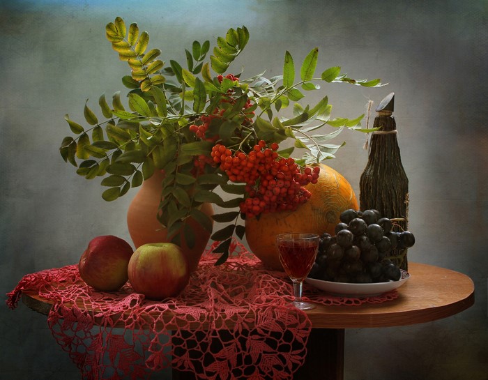 Still-life with Sorbus, Grapes, Apples, Melons, Wine, Bottle