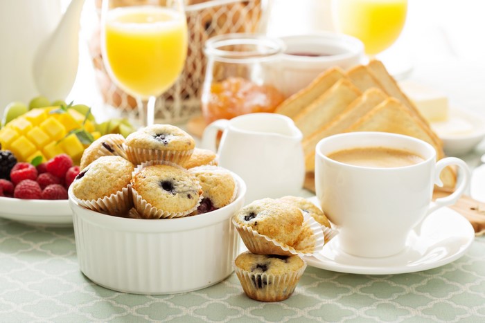 Breakfast with muffins, coffee, and orange juice