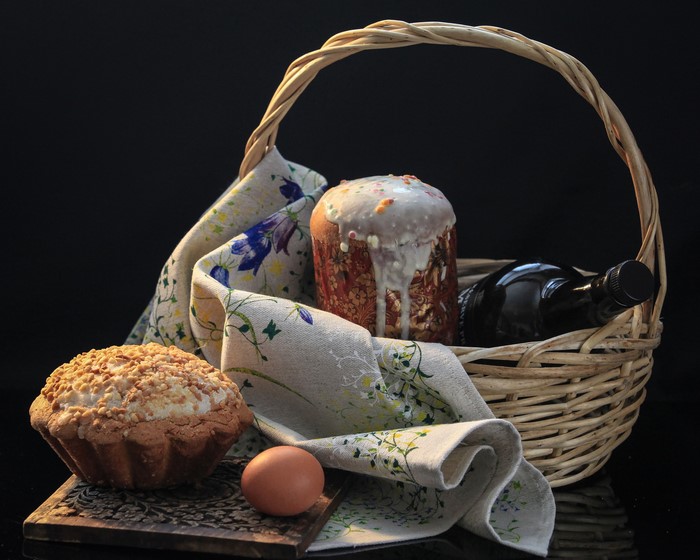 Easter basket with kulich, pastry, egg, and bottle