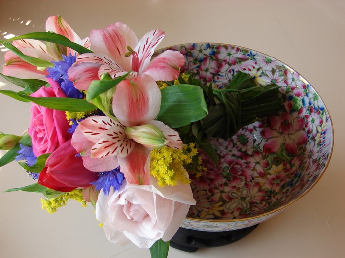 Bouquet of Roses, Alstroemeria, and Tulips in a Floral Bowl