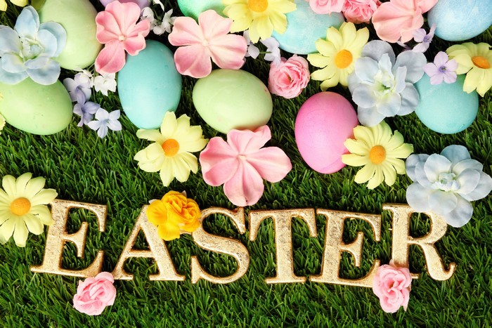 Easter eggs and flowers on grass with text