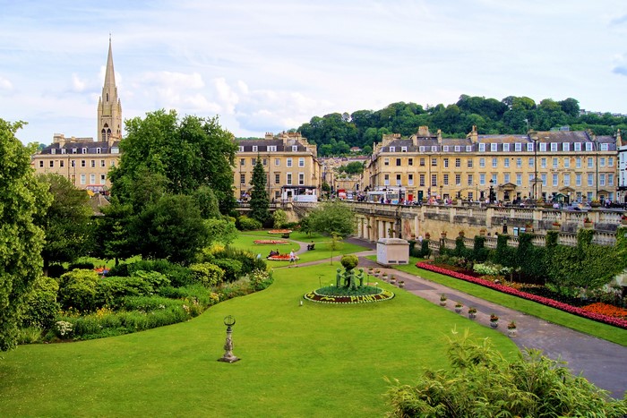 Parade Gardens in Bath, England with Georgian architecture