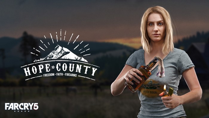 Mary May from Far Cry 5 holding a Molotov cocktail