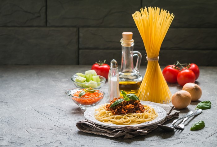 Spaghetti with Bolognese Sauce and Ingredients