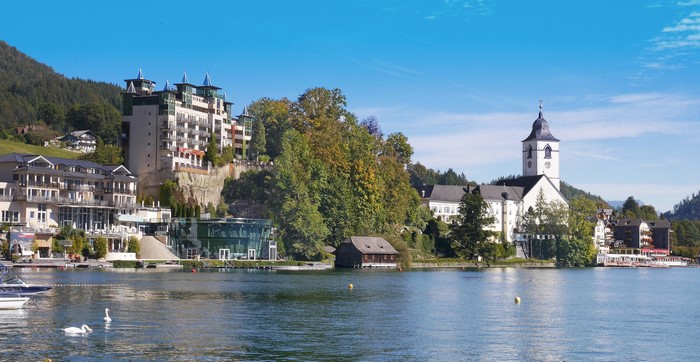 St. Wolfgang Austria Lakefront with Church and Hotels