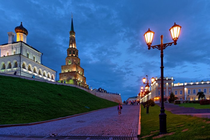 Kazan Kremlin at dusk with street lights