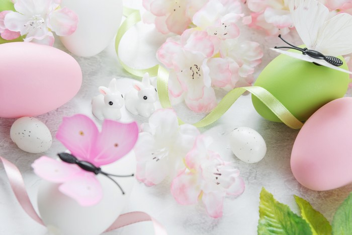 Easter Eggs with Rabbits, Butterflies, and Flowers