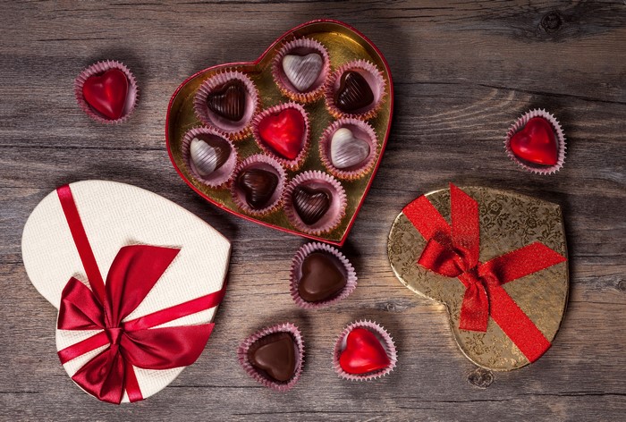 Heart-shaped chocolates in boxes for Valentine's Day