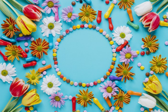 Tulips and Chrysanthemums with Candy and Balloons