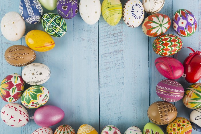 Easter Eggs on Blue Wood Planks