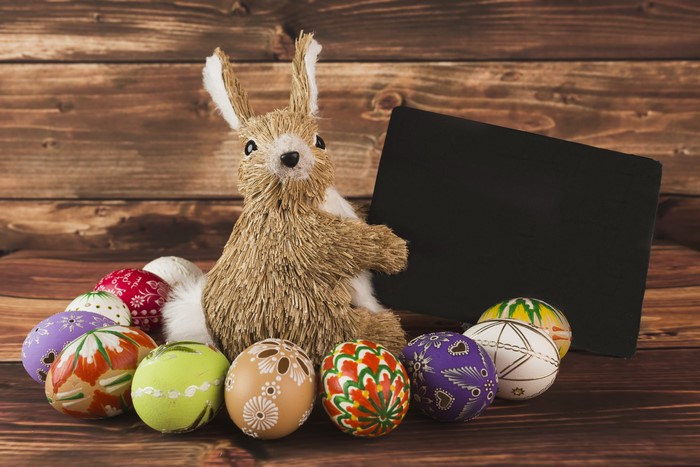 Easter Bunny and Decorated Eggs with Chalkboard