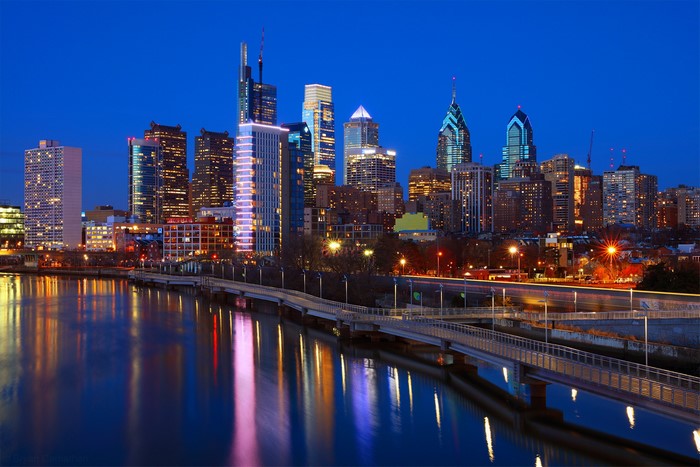 Philadelphia skyline at dusk with river and bridge