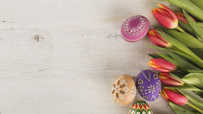 Easter Eggs and Tulips on White Wood