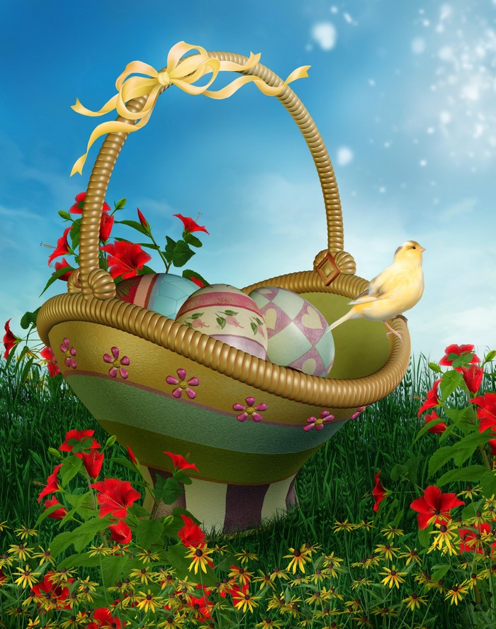 Easter basket with eggs and a bird