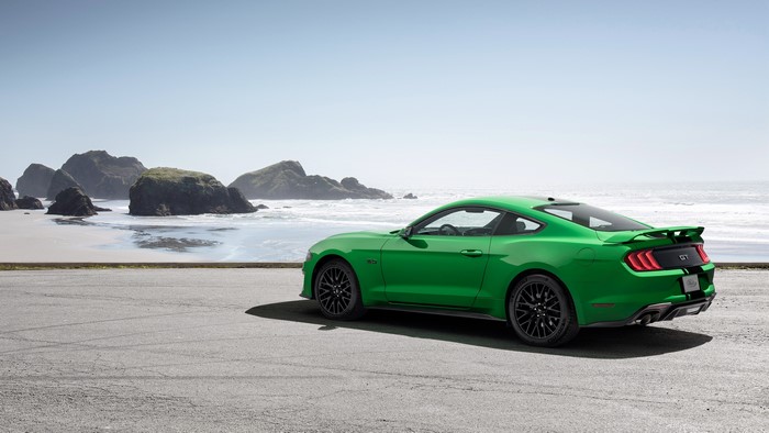 Green 2018 Fastback Mustang GT by the Ocean