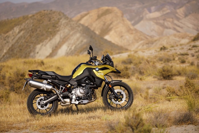 BMW F 750 GS motorcycle in a desert landscape