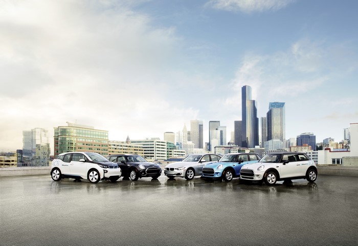 BMW and Mini cars in a city skyline