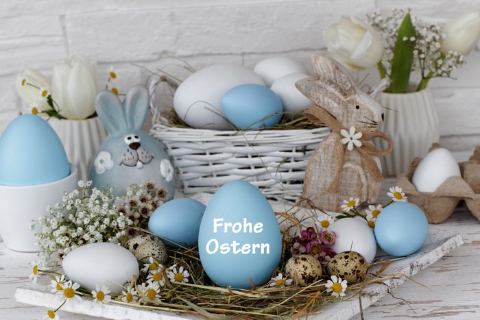Easter eggs and rabbits with flowers