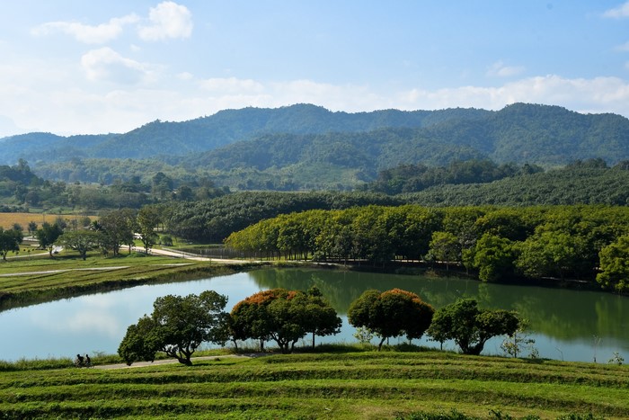 Scenic landscape with a lake and mountains in Chiang Rai, Thailand