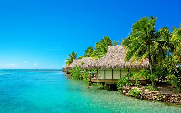 Overwater bungalows in a tropical lagoon