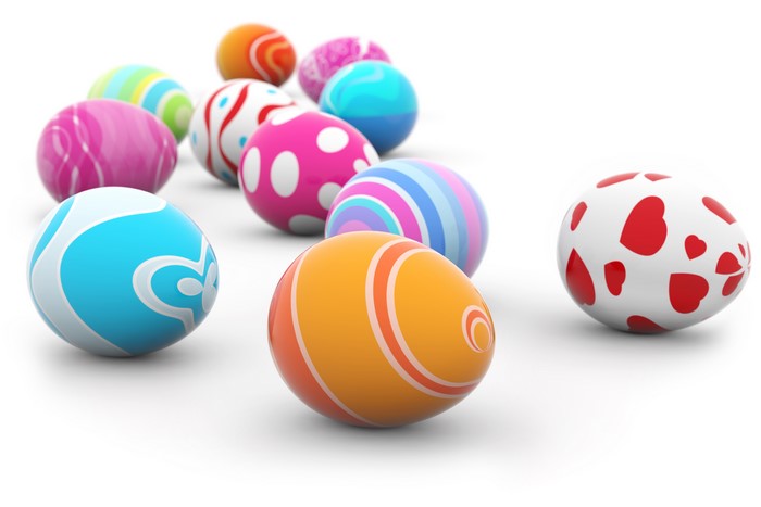 Easter Eggs with Various Designs on White Background