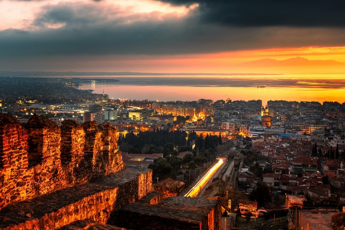 Thessaloniki, Greece at sunset from a castle wall