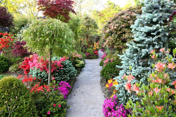 Stone path through a colorful garden in Walsall, England