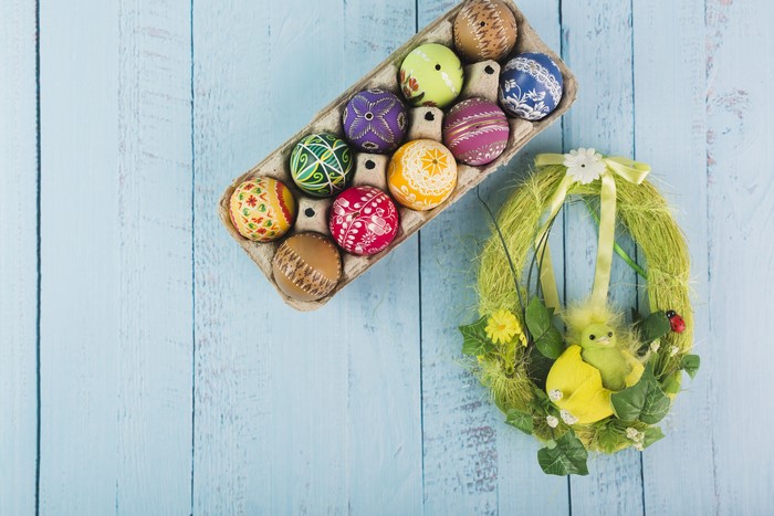 Easter Eggs in a Carton and a Wreath with a Chick