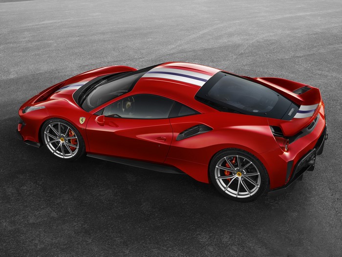 Red Ferrari 488 Pista with racing stripes