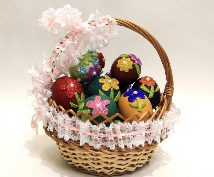 Easter eggs decorated with flowers in a wicker basket