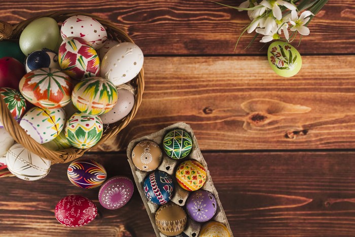 Easter eggs in a basket and on a wooden table
