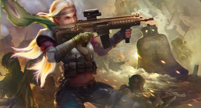 Woman with Assault Rifle in War-Torn City