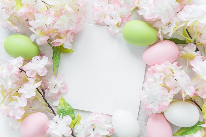 Easter eggs and cherry blossoms on a blank card