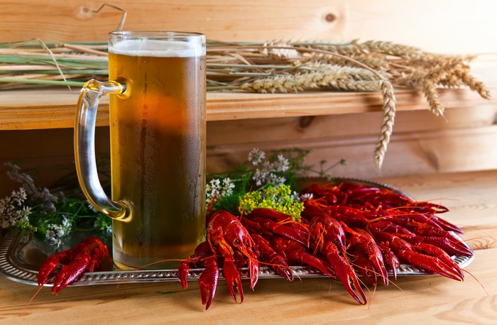 Beer mug and crayfish with wheat