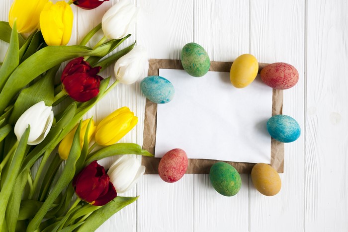 Easter Tulips and Eggs on Wood Planks