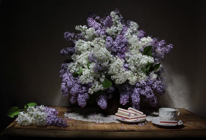 Still-life with Lilac, Sweets, and Tea Cup