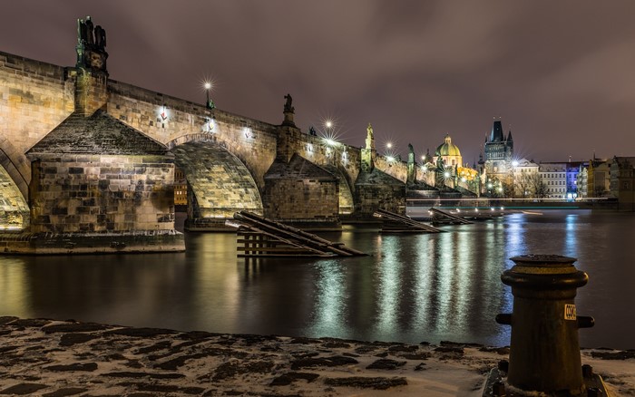 Charles Bridge at night in Prague, Czech Republic