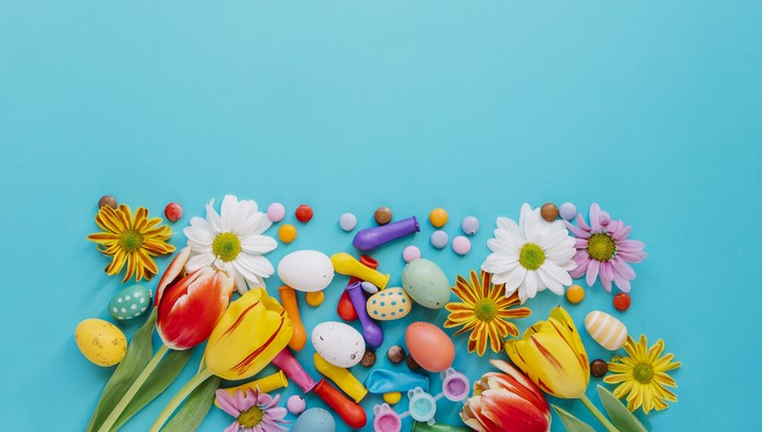Easter Decorations with Tulips, Chrysanthemums, Candy, and Eggs