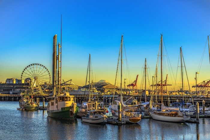 Seattle Waterfront with Ferris Wheel and Mount Rainier