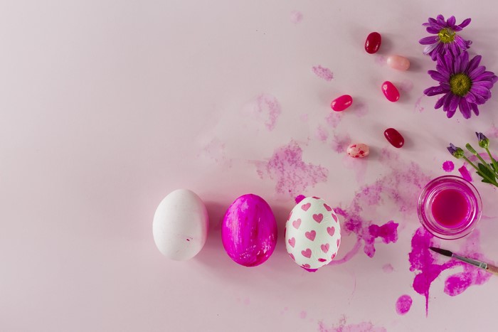 Easter Eggs with Pink Paint and Flowers