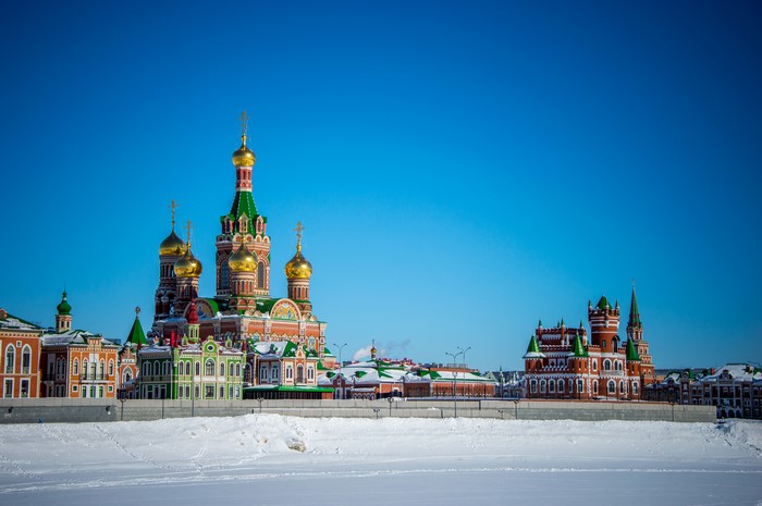 Winter view of Yoshkar-Ola temples and houses in Russia