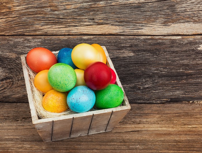 Easter Eggs in a Wooden Box on Wood Planks