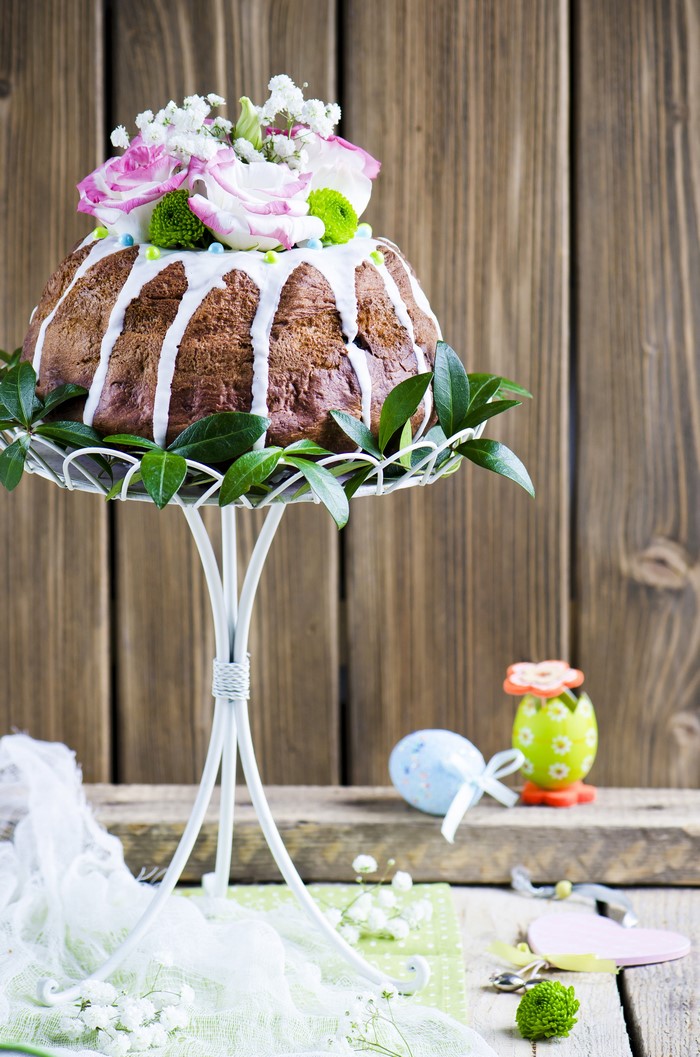 Easter cake decorated with flowers and Easter eggs